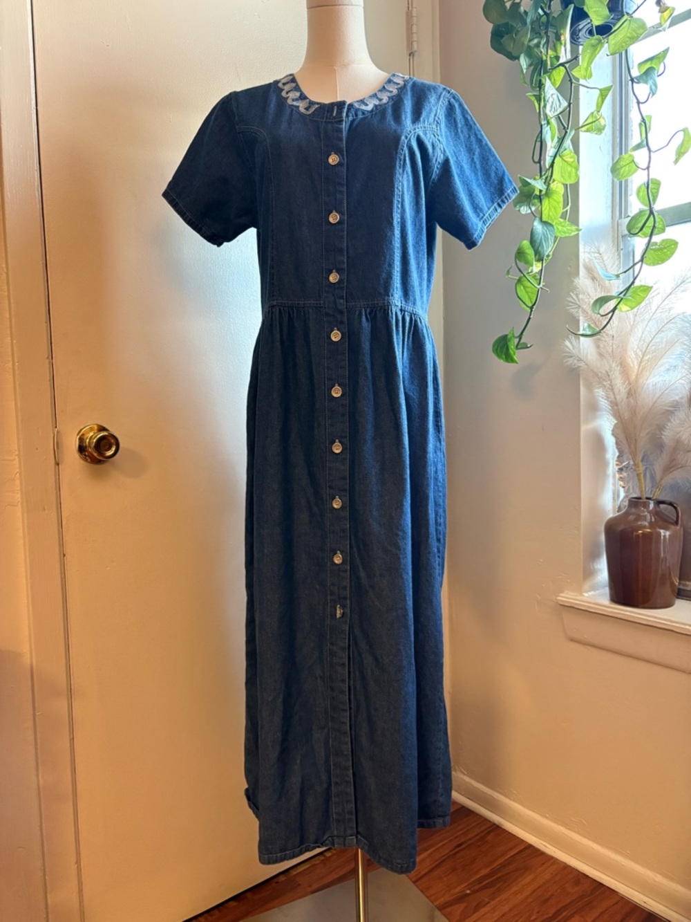 vintage 90s denim short sleeve button front maxi dress